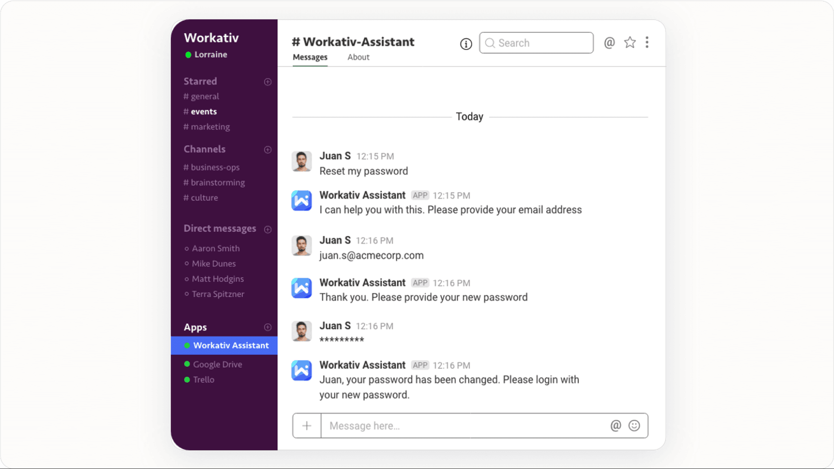 Screenshot of an internal chat showing an IT support bot assisting an employee, a practical ai agent example for internal IT.