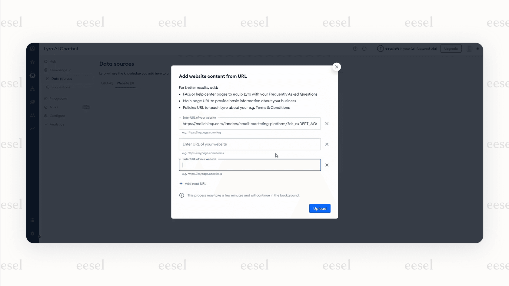 The simple setup interface for Tidio's Lyro, an affordable tool among Decagon alternatives, where a user is adding an FAQ page URL to train the AI.