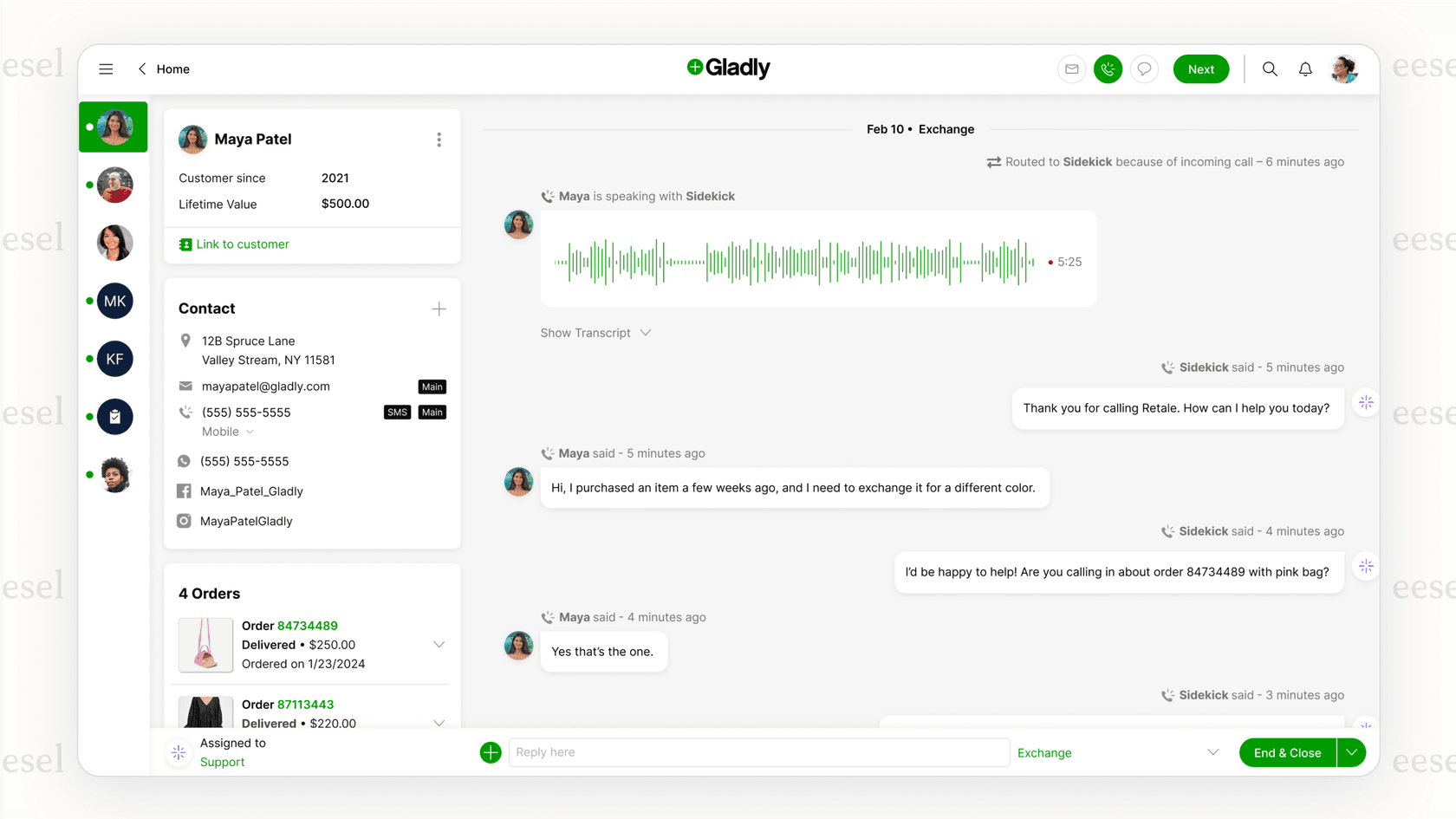 A screenshot of the Gladly interface focused on a single customer's profile. It shows a continuous conversation stream including icons for email, phone calls, and chat messages, illustrating the human-centered design of some Forethought alternatives.