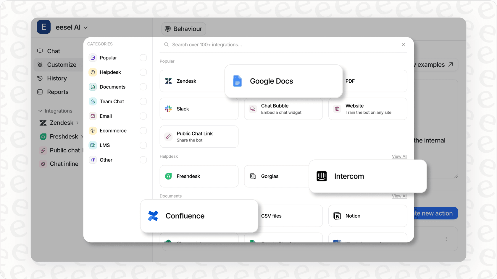 Screenshot of the eesel AI integrations page listing various connected platforms, relevant for choosing practical AI agent examples.