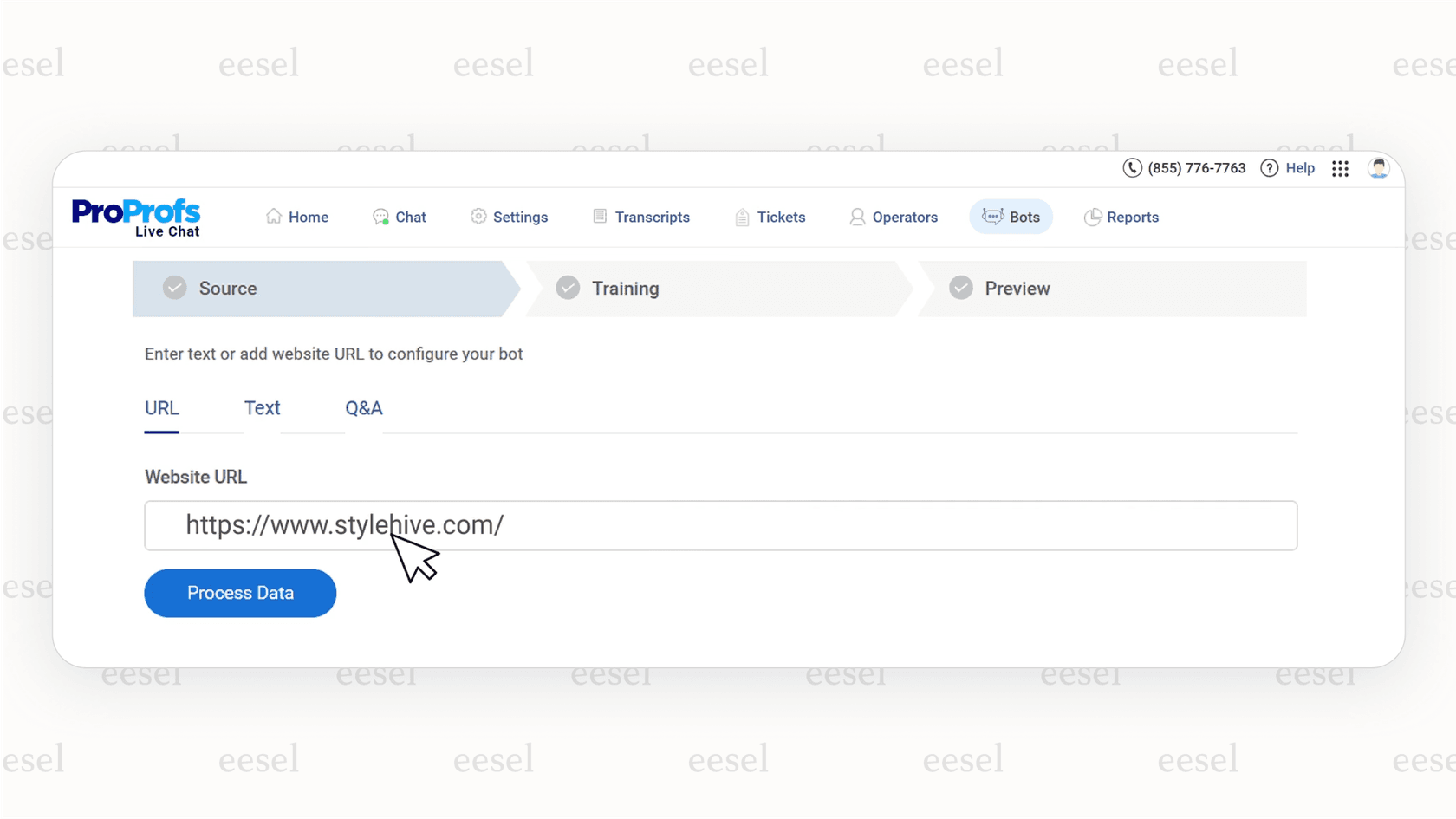 A view of the ProProfs Chat setup process where a chatbot is being trained on website data, showing how it provides answers for teams evaluating Helpcrunch alternatives.