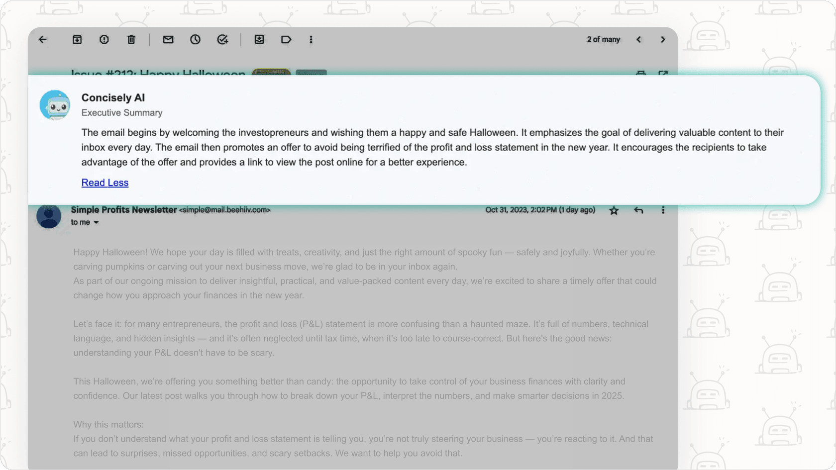 Screenshot showing an AI email assistant summarizing a long email conversation.
