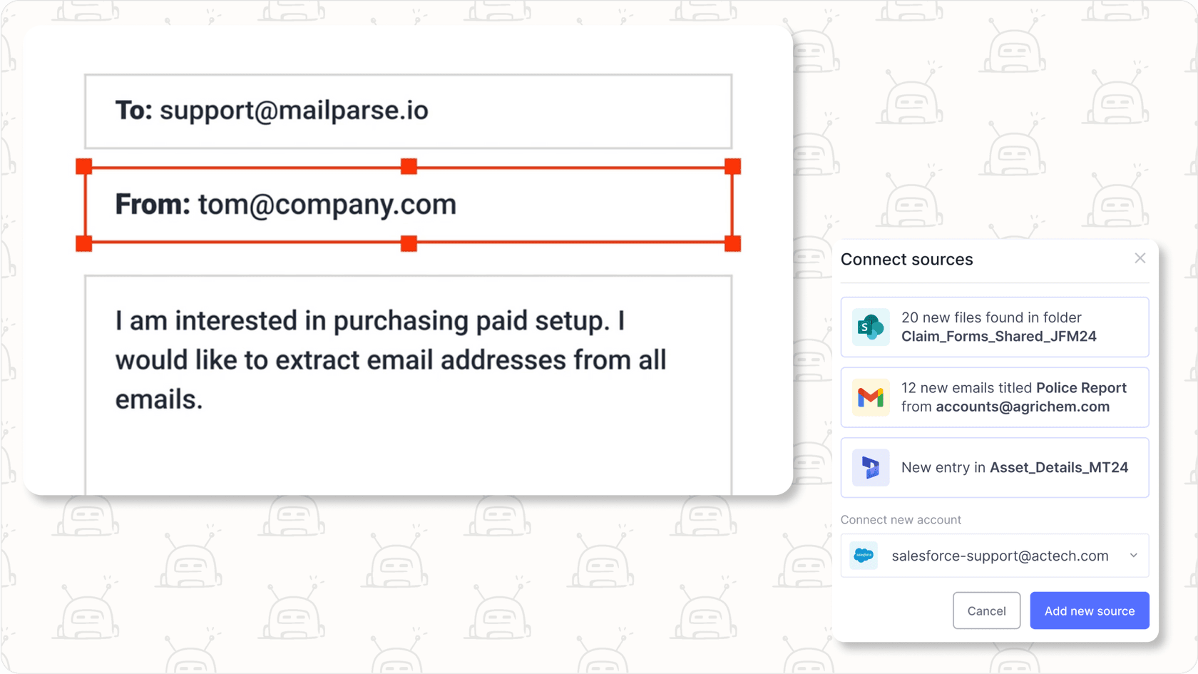 Screenshot showing an AI email assistant extracting data from an email.