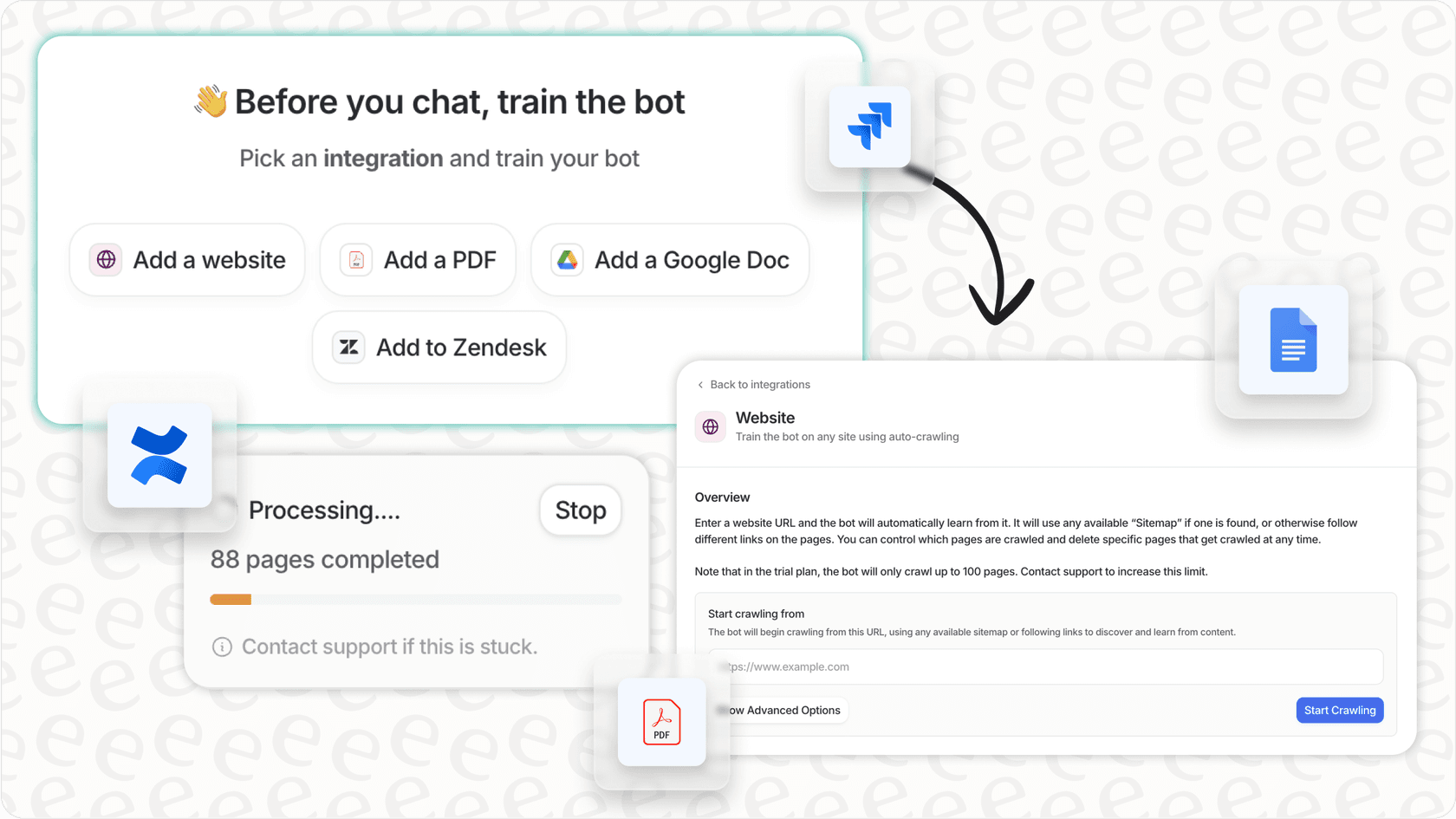 Screenshot of eesel AI showing options for training the AI email assistant on multiple knowledge sources.