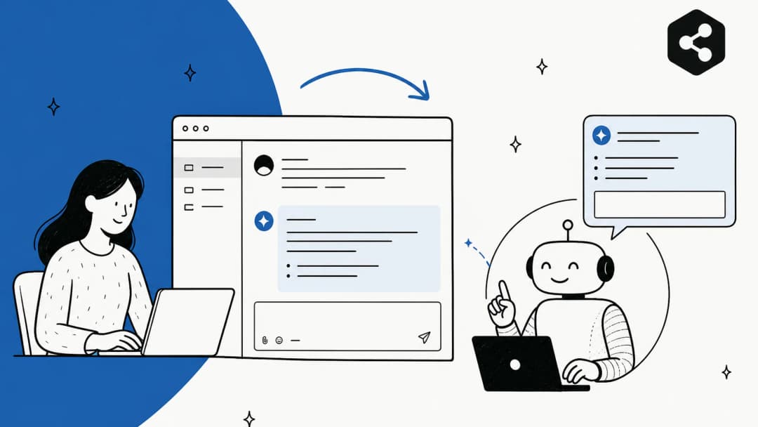 Illustration of a support agent at a Help Scout style mailbox with an AI assistant drafting a reply, and the Botpress mark in the corner