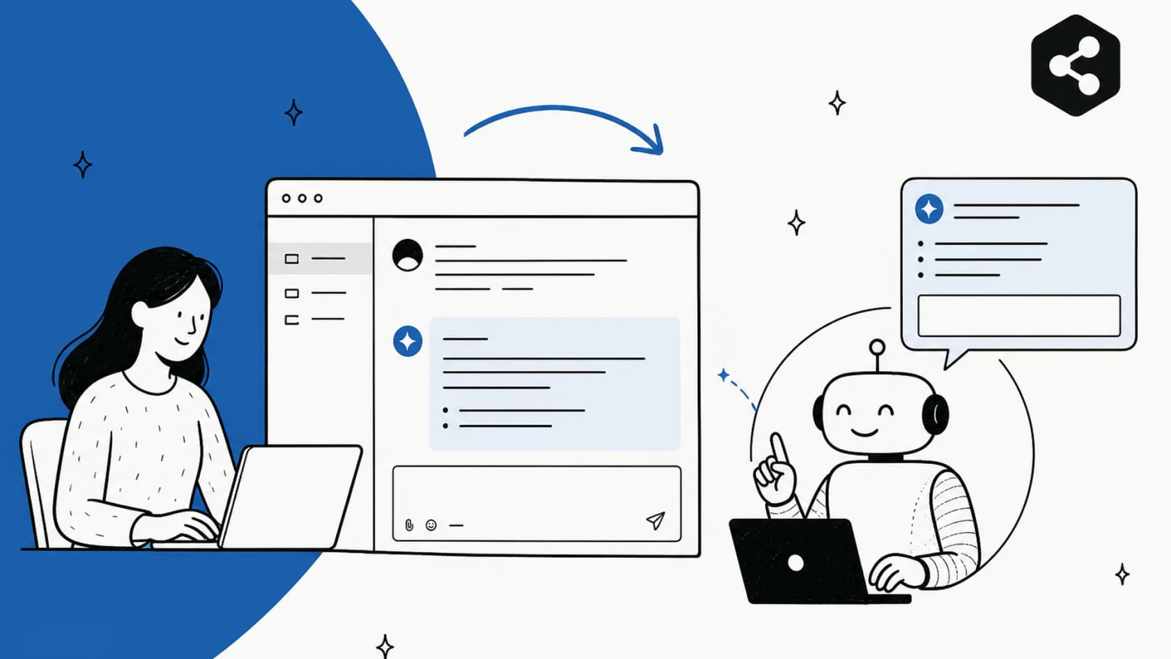 Illustration of a support agent at a Help Scout style mailbox with an AI assistant drafting a reply, and the Botpress mark in the corner