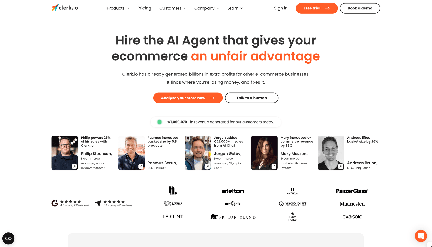 Startseite von Clerk.io, die ihre verhaltensbasierte KI für personalisierte Einkaufserlebnisse zeigt.