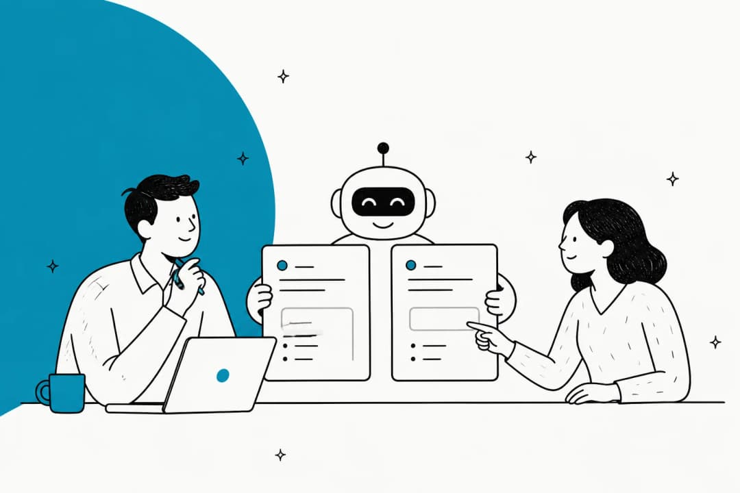 Illustration of two support agents reviewing AI-drafted Help Scout replies with a friendly robot, for a DocsBot vs eesel AI comparison