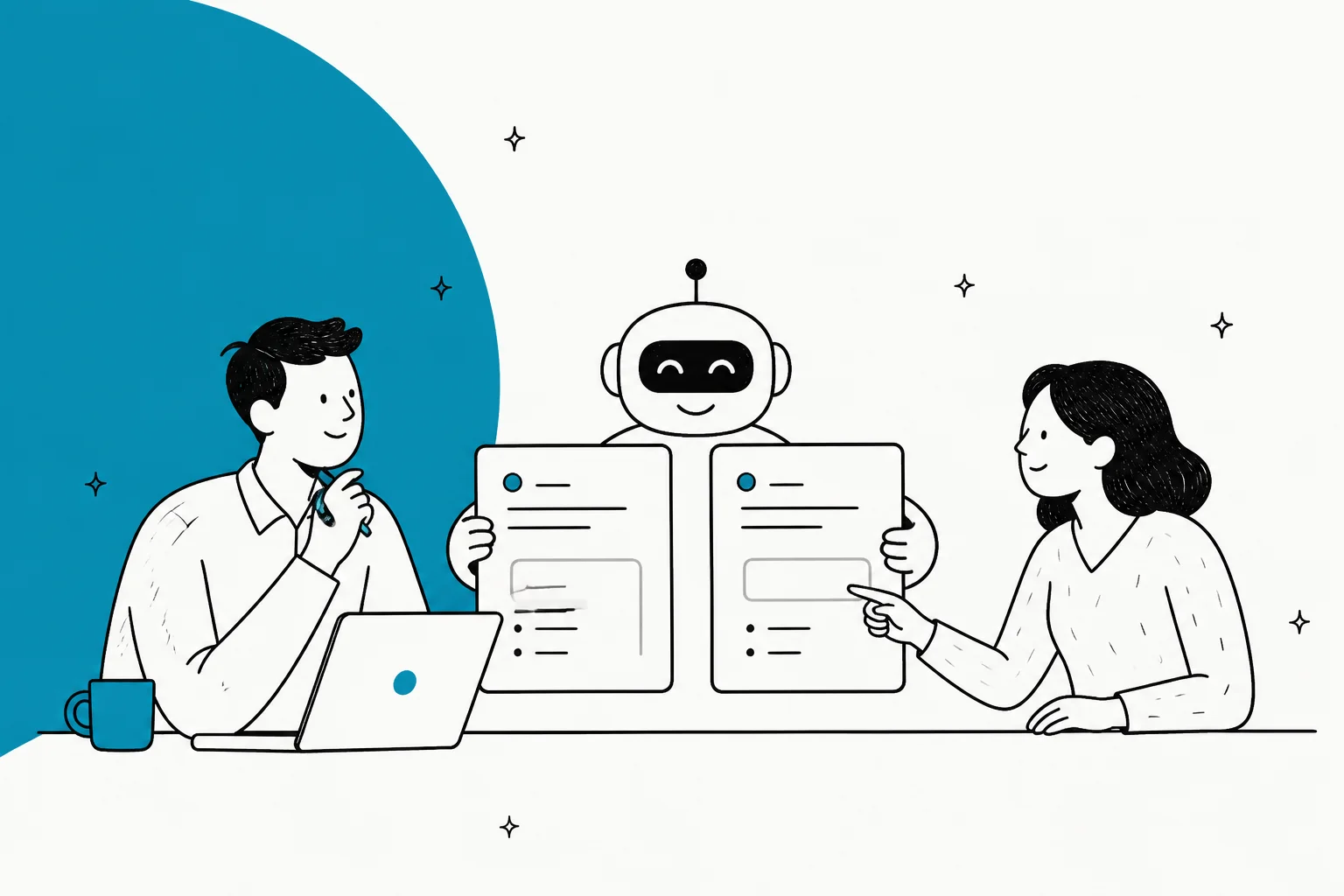Illustration of two support agents reviewing AI-drafted Help Scout replies with a friendly robot, for a DocsBot vs eesel AI comparison
