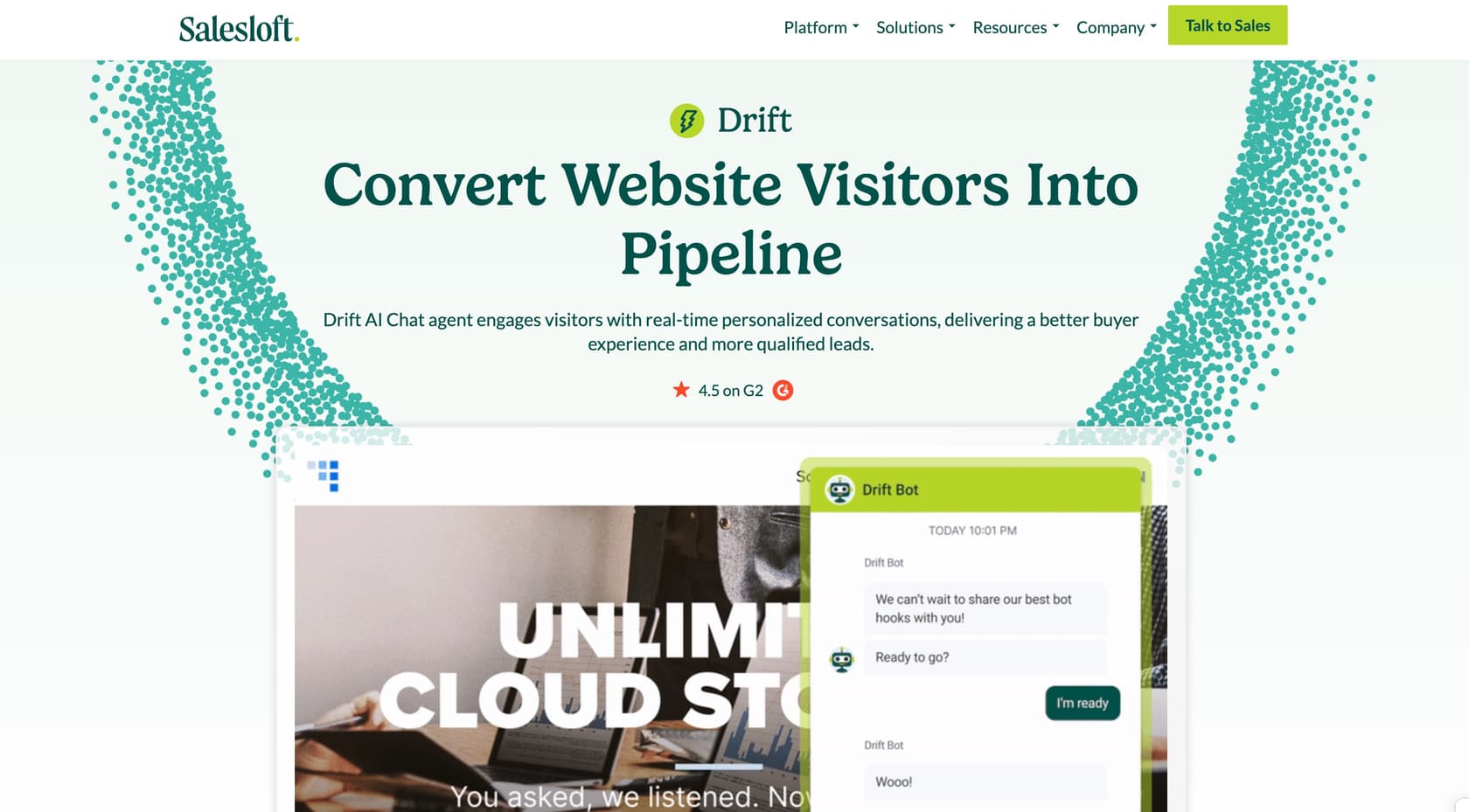 Drifts Conversational Marketing Interface ermöglicht es Unternehmen, sich durch Echtzeit-Lead-Qualifizierung mit Website-Besuchern zu verbinden.