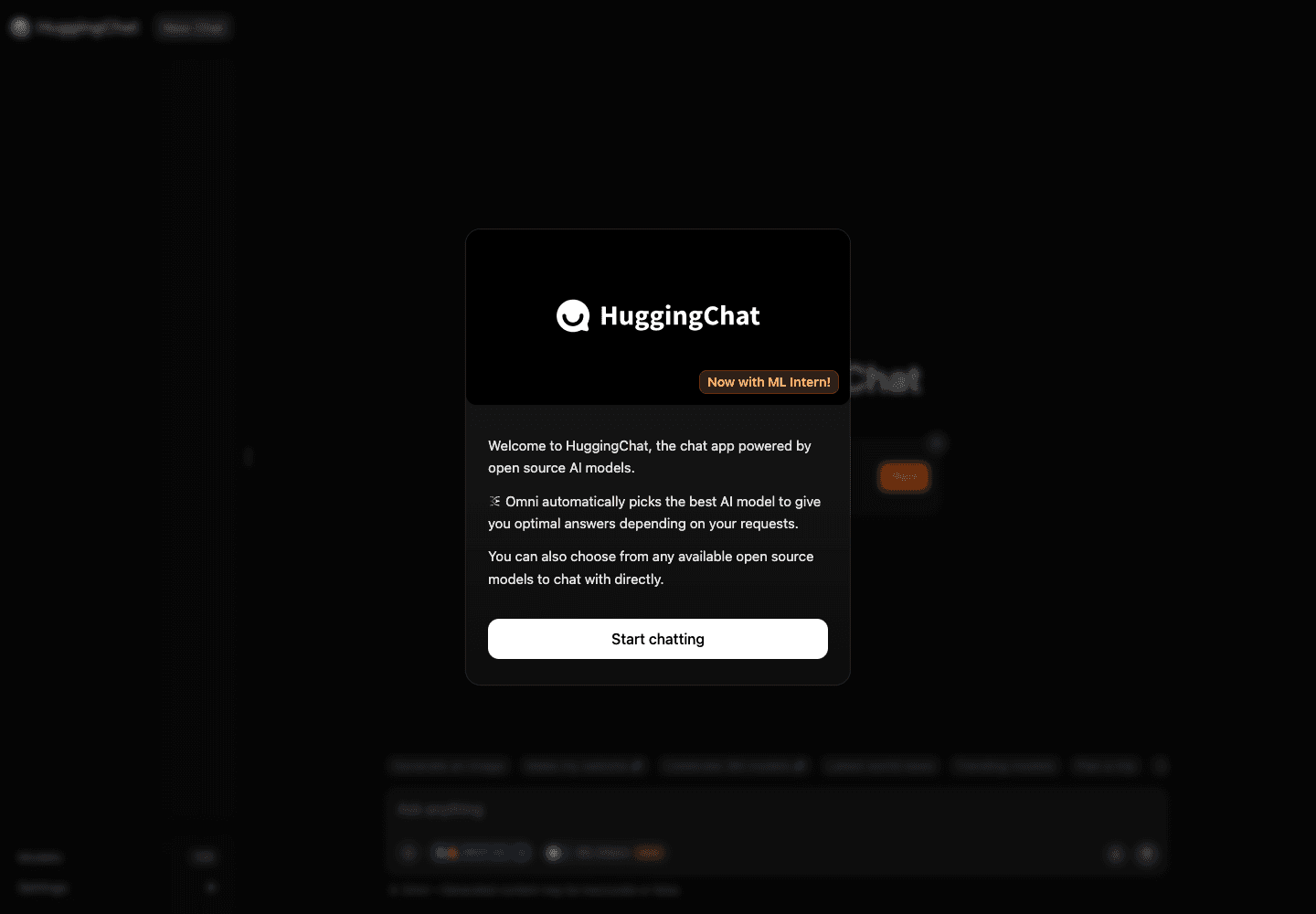 HuggingChat's public welcome dialog over the chat interface before sign-in, captured from HuggingChat