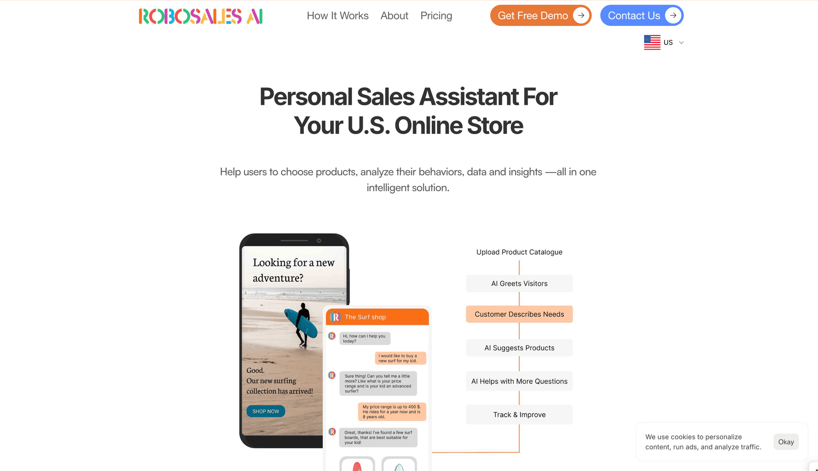 Startseite von Robosales AI, die ihr In-Store-Expert-Erlebnis für Online-Händler hervorhebt.