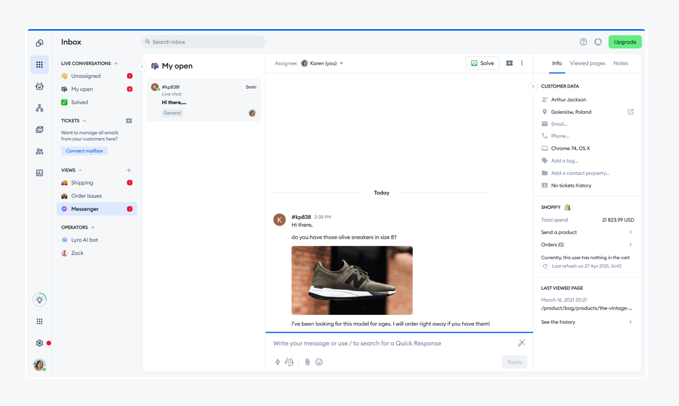 Tidio's multichannel inbox allows agents to manage conversations from WhatsApp and Instagram in a single workspace.