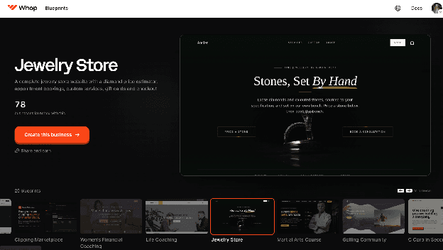 Whop Blueprints page showing a ready-made jewelry store that can be deployed with its products, pricing and checkout already connected.