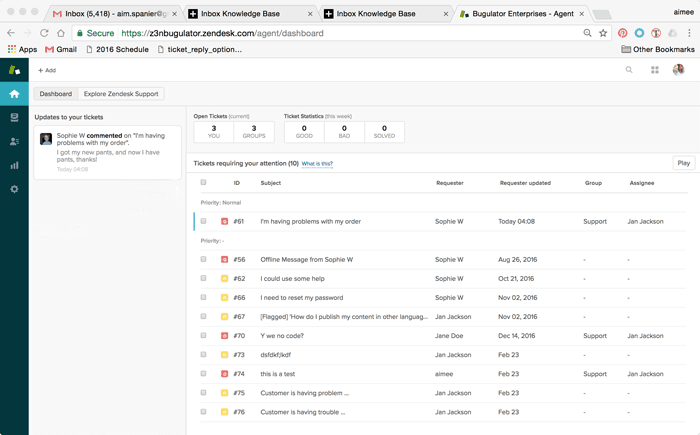 Zendesk agent dashboard showing open tickets, ticket statistics, and tickets requiring attention.