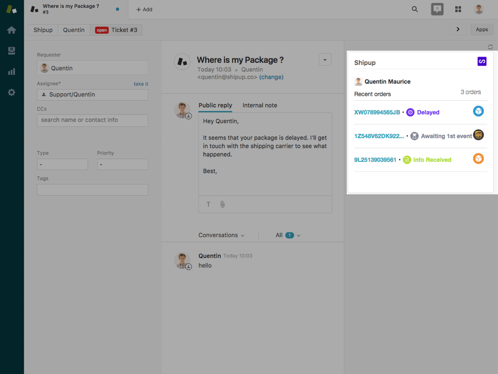 L'interface de suivi des commandes de l'application Shipup intégrée dans un ticket de support Zendesk.