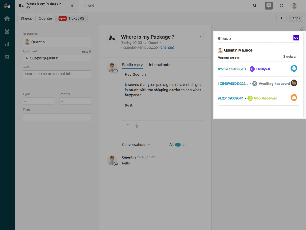 Zendesk(ゼンデスク)サポートチケットに統合されたShipupアプリの注文追跡インターフェース。