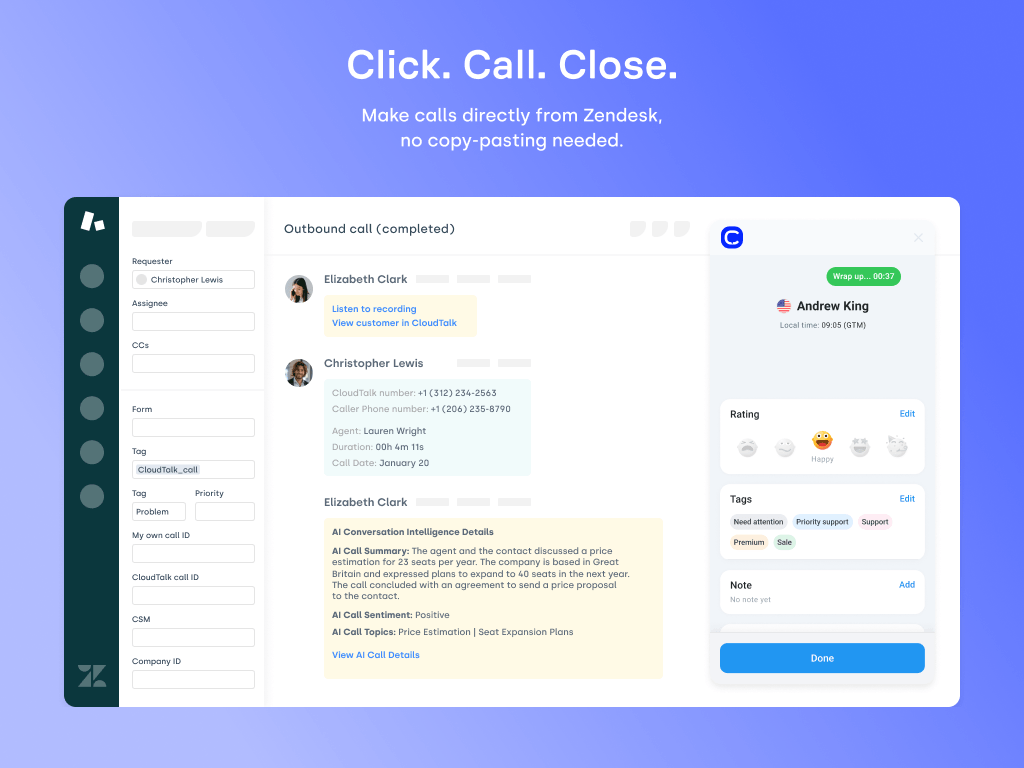 CloudTalk integration within Zendesk showing caller profiles and AI conversation summaries