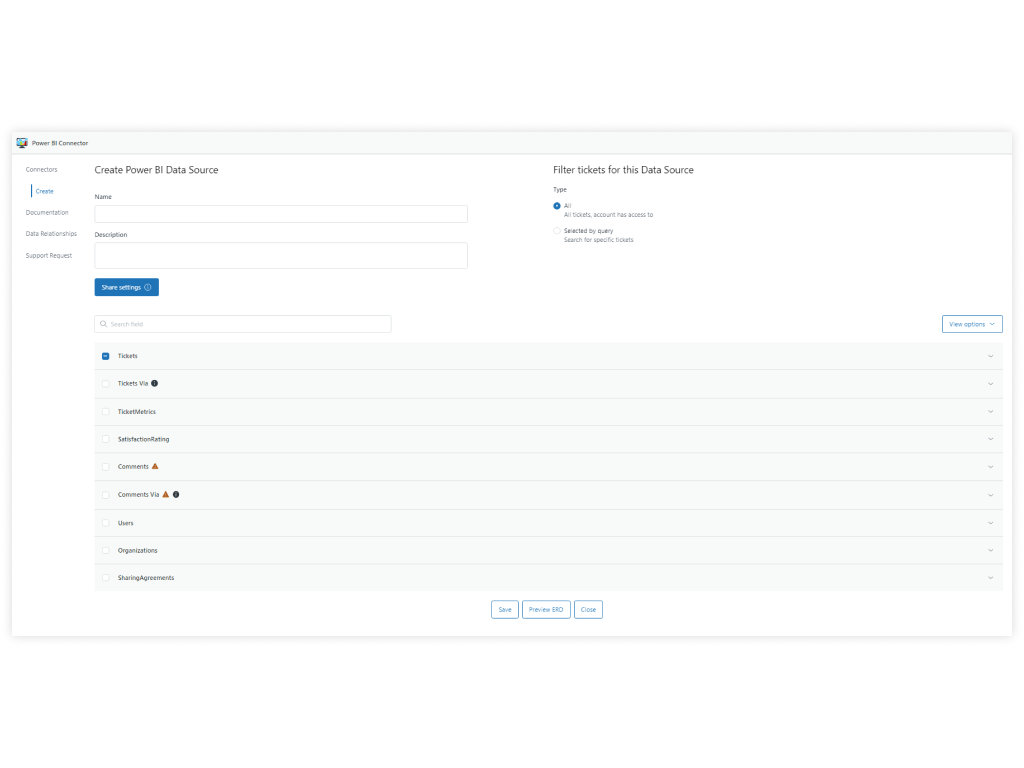 Interface de l'application Power BI Connector pour la configuration des sources de données et des entités