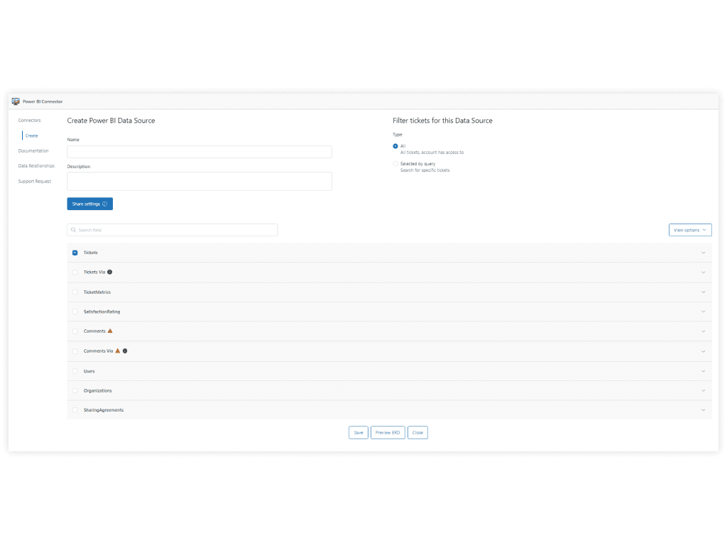 Power BI Connector app interface for configuring data sources and entities