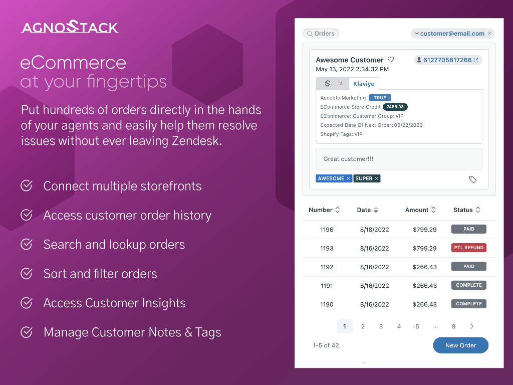 L'intégration Shopify d'Agnostack dans Zendesk, affichant les détails du client et une liste des commandes récentes avec leurs statuts.