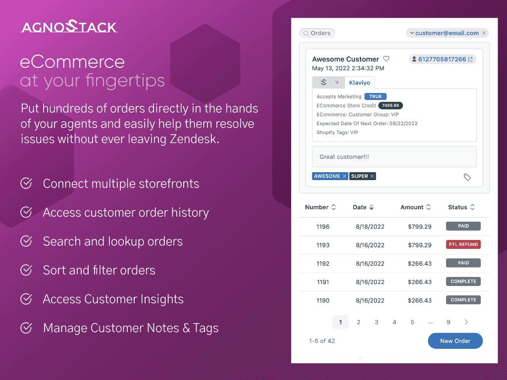 Zendesk(ゼンデスク)のAgnostack(アグノスタック)のShopify連携で、顧客の詳細と、ステータス付きの最近の注文のリストが表示されています。