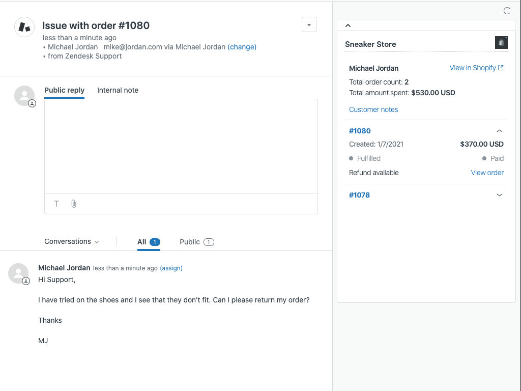 Zendesk ticket interface displaying Shopify order details in the sidebar