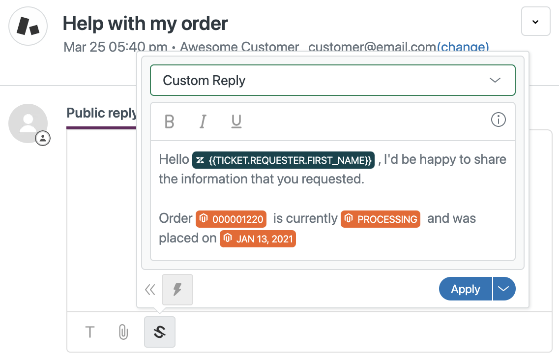 L'interface d'agnoStack affichant des données e-commerce Magento unifiées dans une réponse de ticket Zendesk.