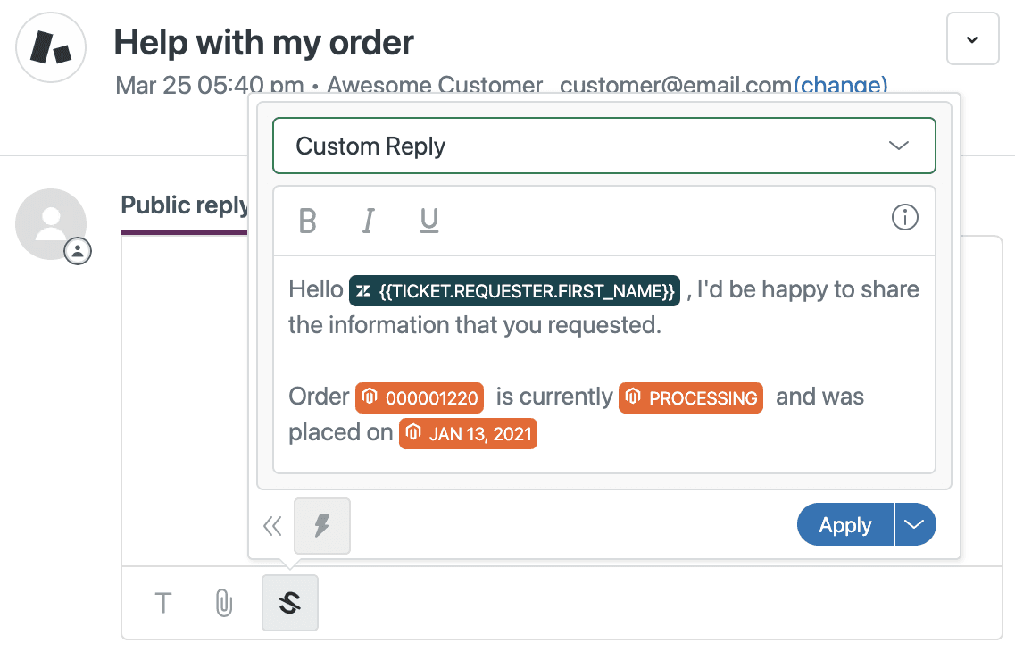 Zendesk(ゼンデスク)チケットの返信内で統合されたMagento eコマースデータを表示するagnoStack(アグノスタック)のインターフェース。