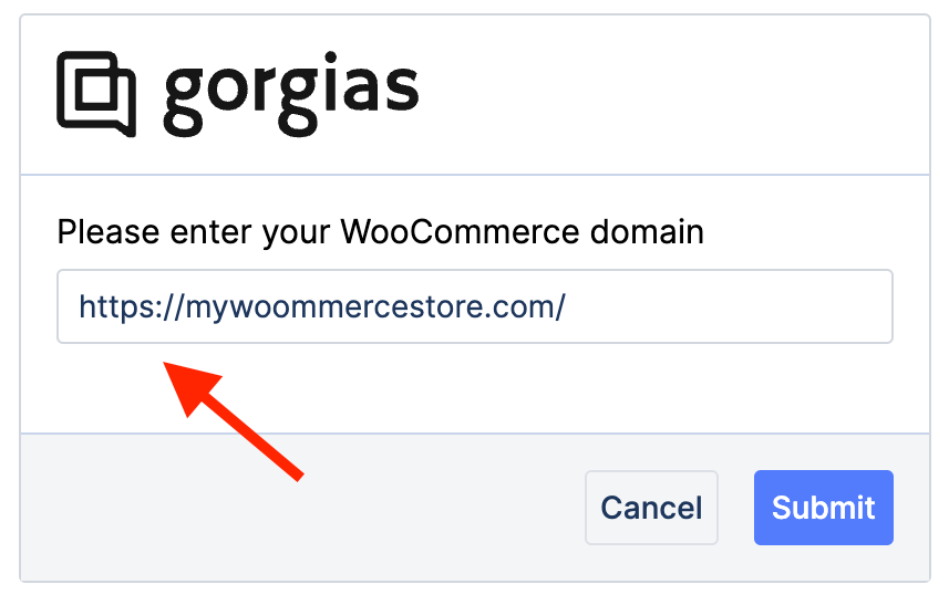 Página de configuración de la integración de Gorgias WooCommerce que solicita el dominio de la tienda