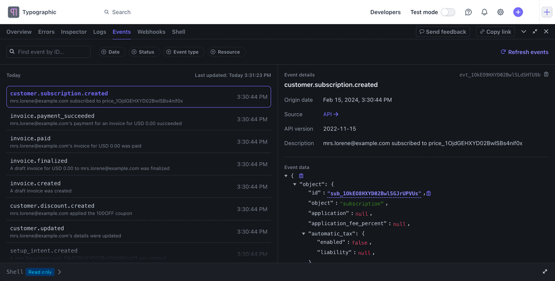 Stripe Workbench Events tab showing subscription and invoice events with a selected event's JSON details