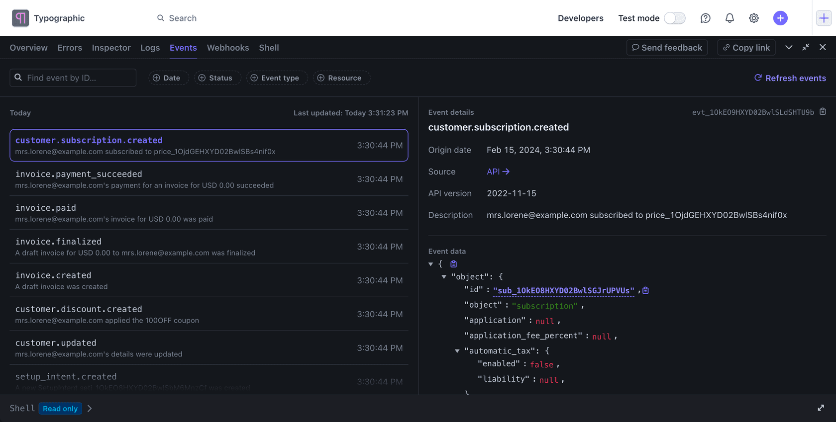 Stripe Workbench Events tab showing subscription and invoice events with a selected event's JSON details