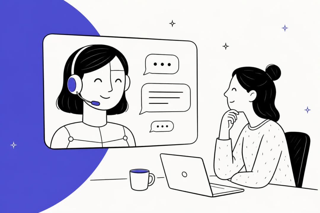 A friendly AI avatar on a support chat screen talking to a customer at a laptop