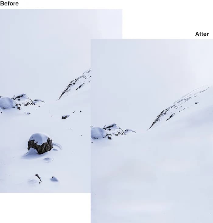 Cleanup.pictures before and after: a snowy slope with dark rock outcrops, then the same slope with the rocks erased into clean snow, as taken from Cleanup.pictures