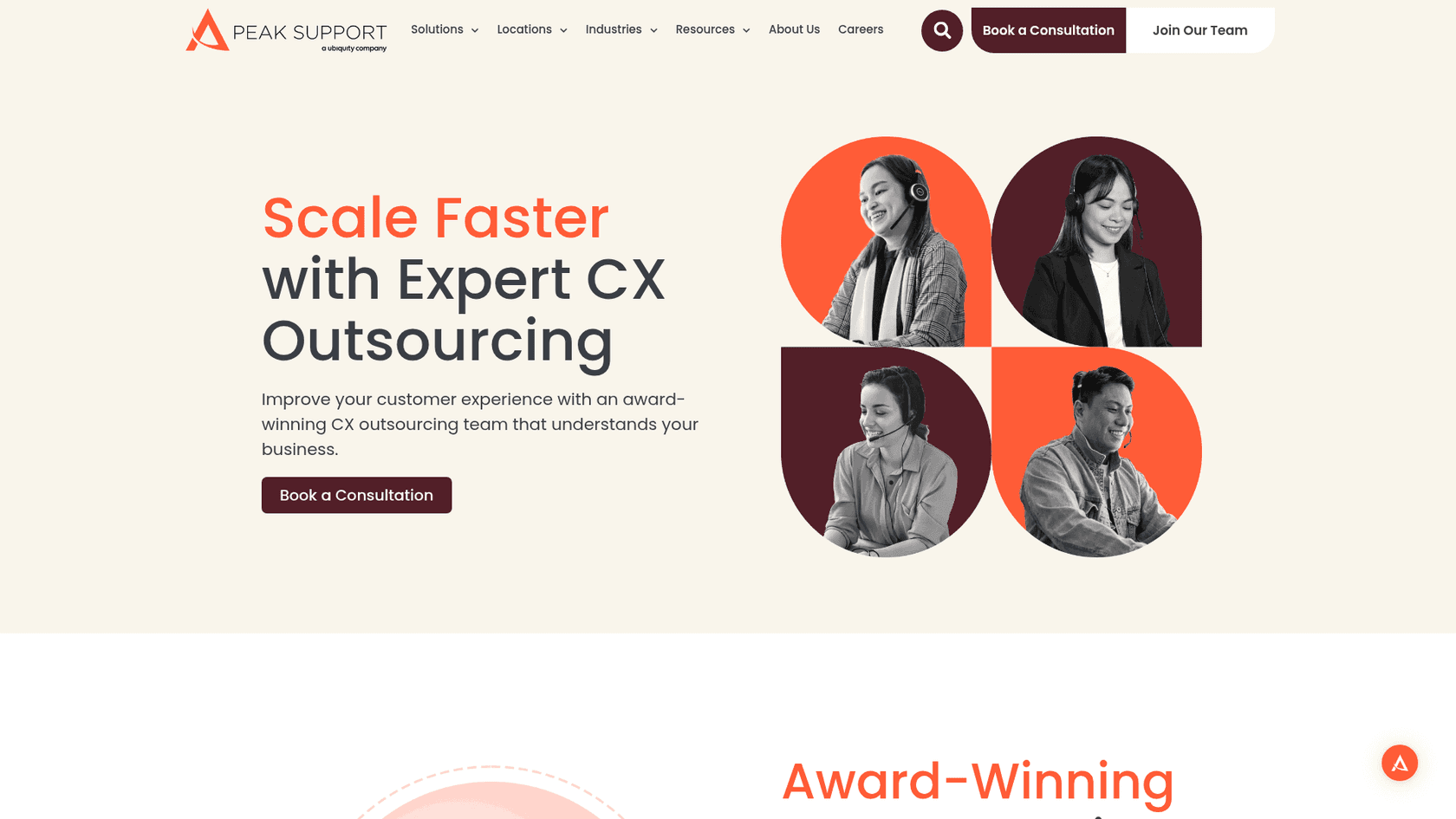 The Peak Support homepage highlighting award-winning CX outsourcing, as taken from Peak Support
