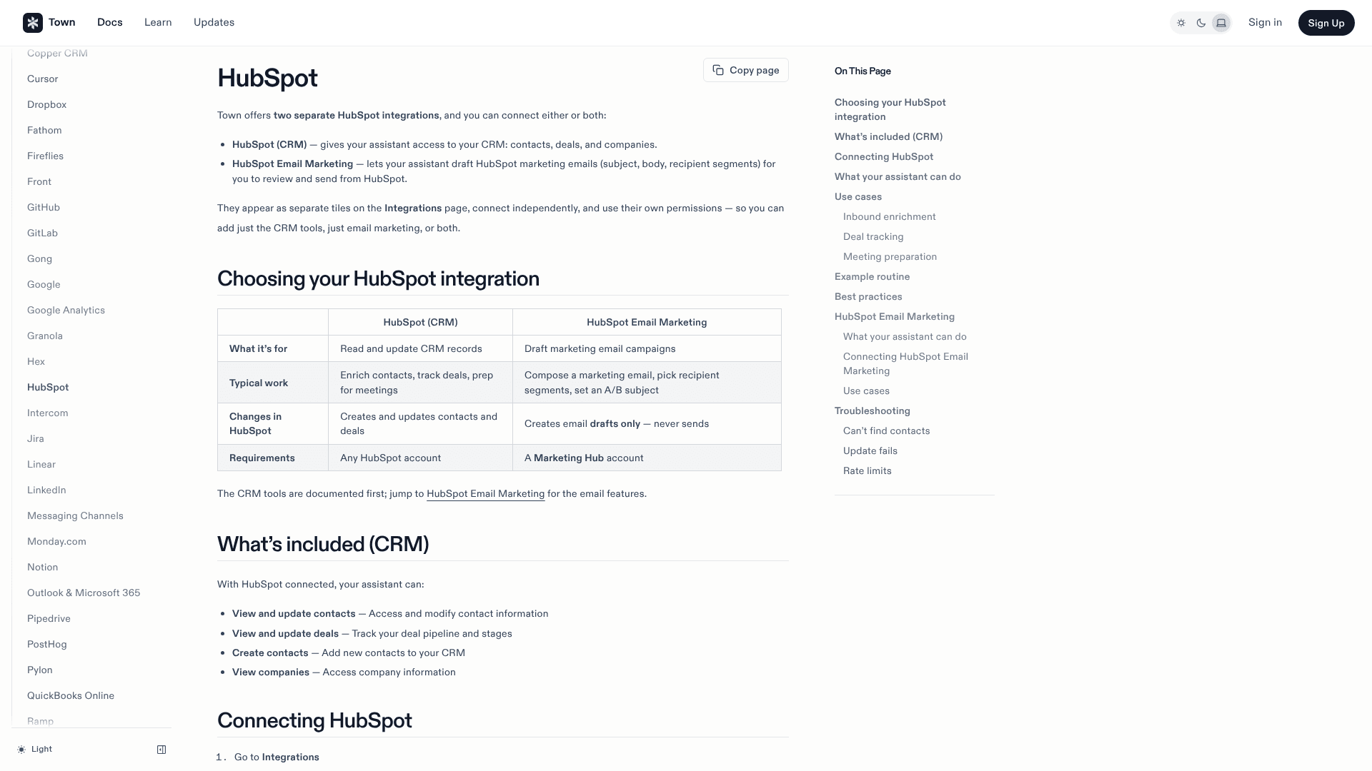 Town's HubSpot integration page, headlined Connect HubSpot to Town, promising call notes on the record and deals kept current through HubSpot's official MCP server, as taken from Town's HubSpot page