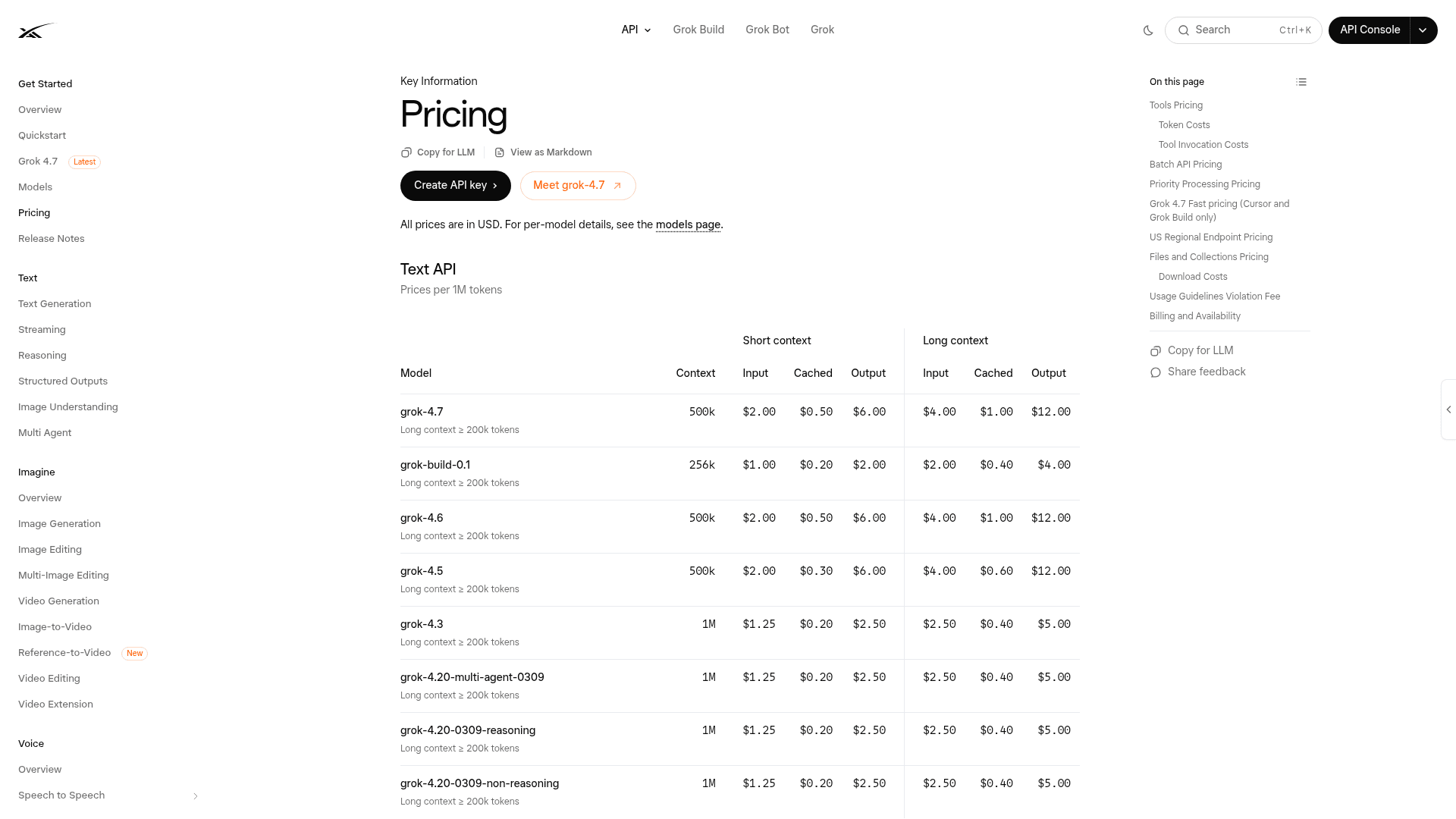 The xAI pricing page showing grok-4.7 at 500k context, $2 / $0.50 / $6 short context and $4 / $1 / $12 long context, as published by xAI