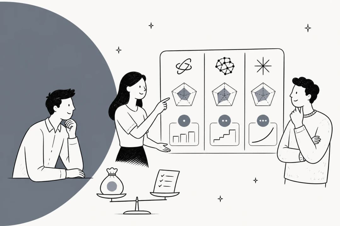 Hand-drawn illustration of three people comparing model scorecards next to a scale weighing cost against a checklist