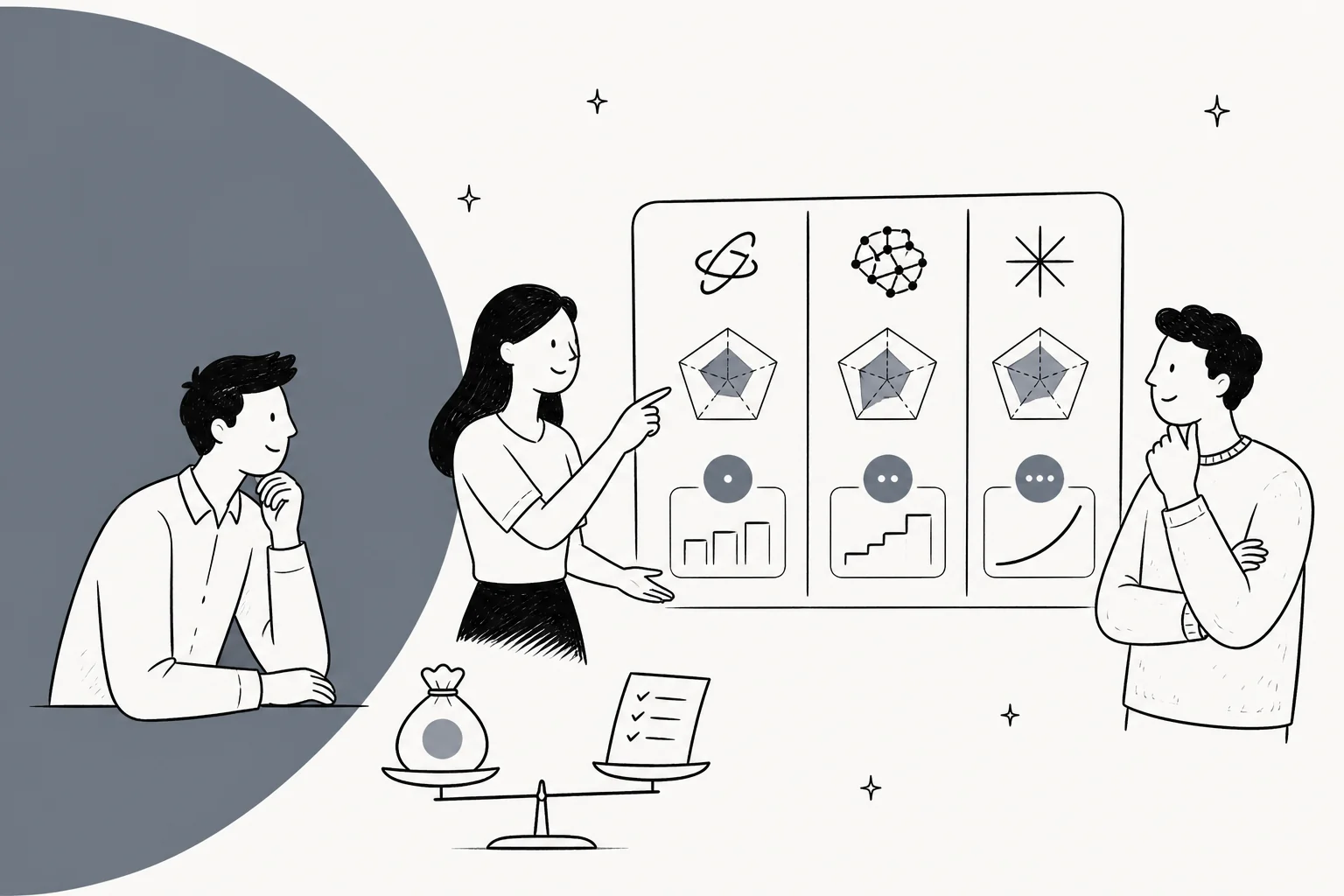 Hand-drawn illustration of three people comparing model scorecards next to a scale weighing cost against a checklist