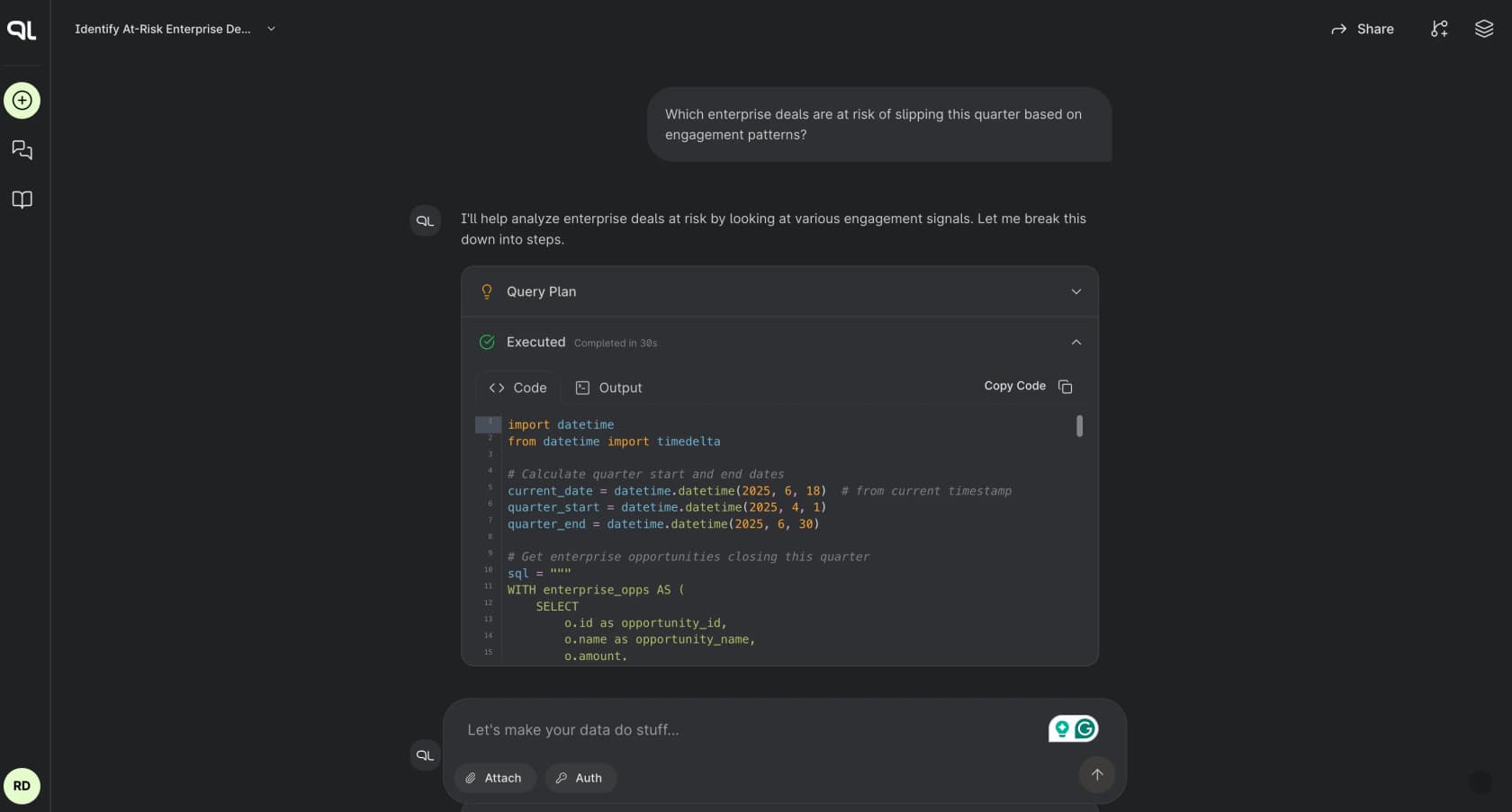 A query plan executing as Python and SQL you can inspect, as taken from PromptQL