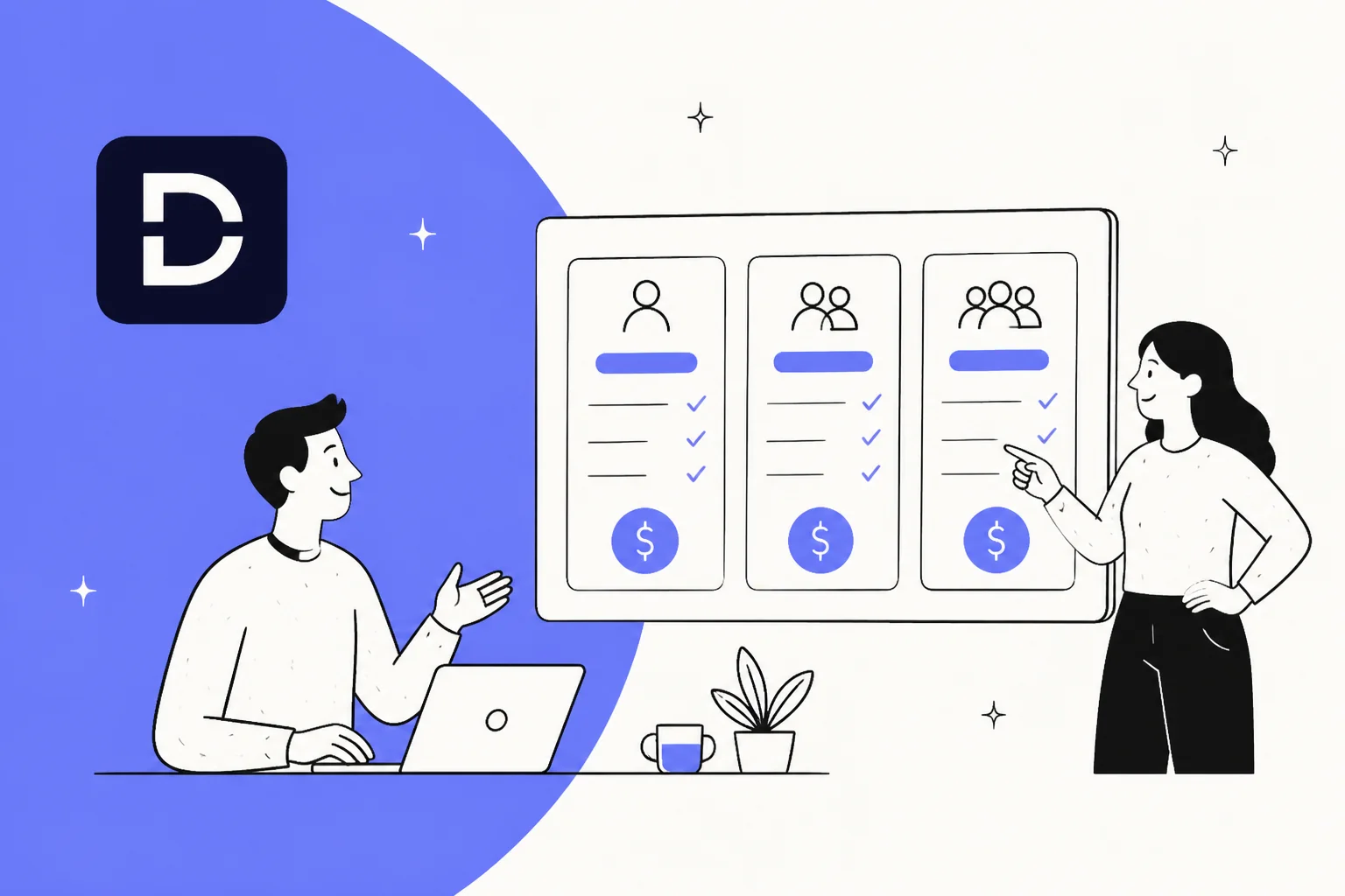 Deskpro pricing illustration showing three plan cards with agent tiers and dollar coins