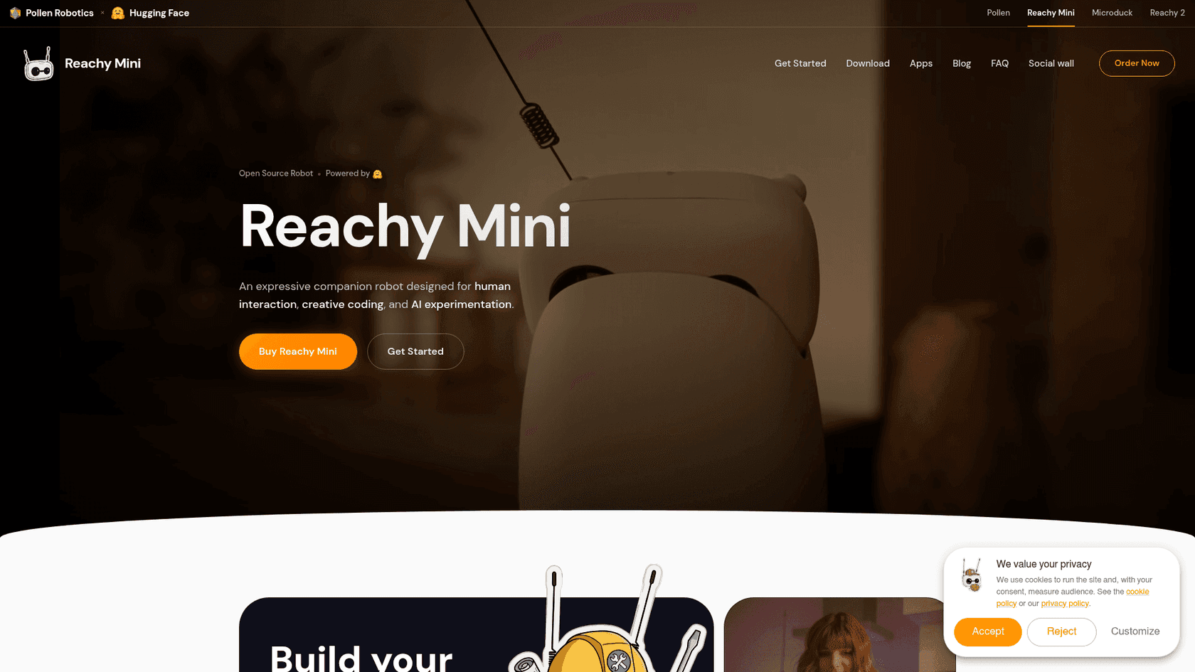 The Reachy Mini product page from Pollen Robotics, showing the desktop companion robot
