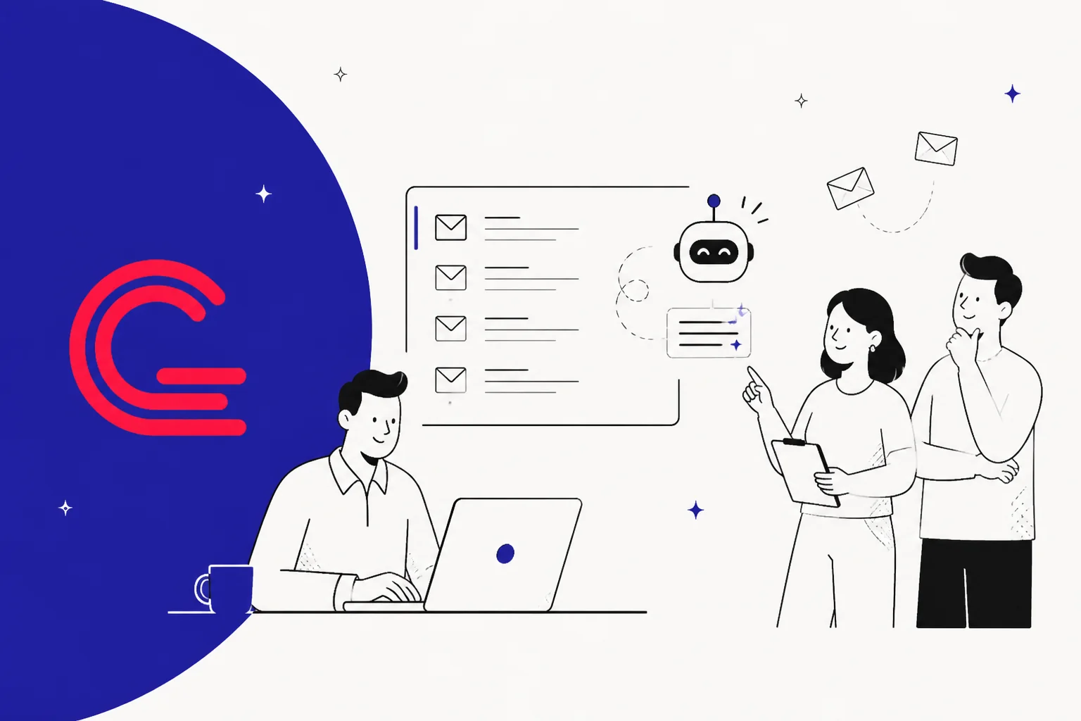 Illustration of a Gmail-based shared inbox with an AI assistant drafting replies while two teammates review them