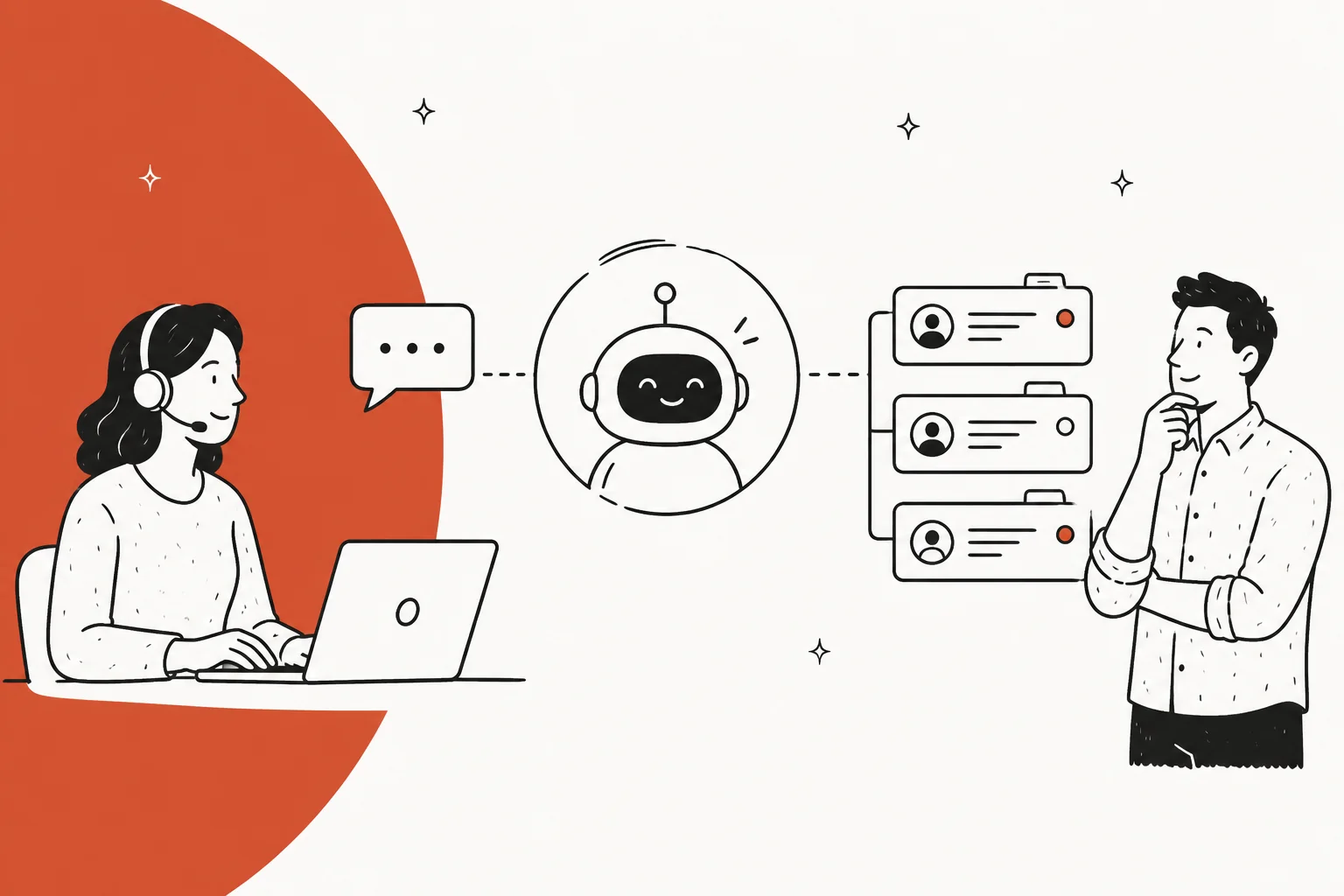 A support agent and a manager on either side of an AI assistant reading a stack of tickets