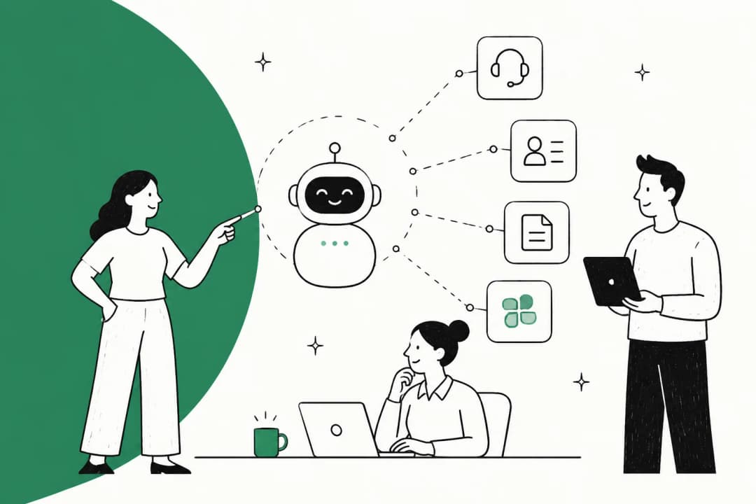 An AI agent connected by dashed lines to a helpdesk, a CRM record, a document, and a team tool