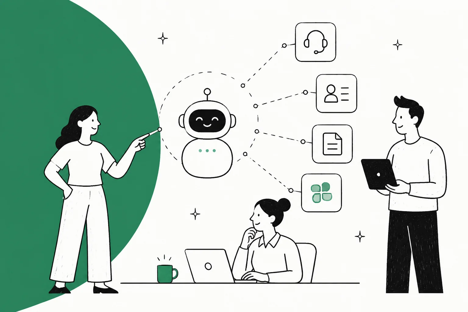 An AI agent connected by dashed lines to a helpdesk, a CRM record, a document, and a team tool