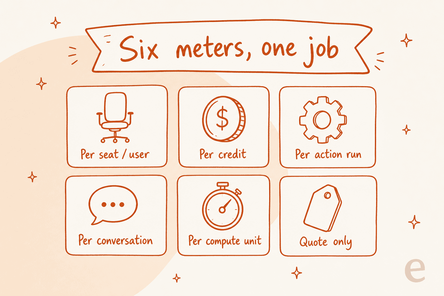 Six pricing meters used across AI employee tools: per seat, per credit, per action, per conversation, per compute unit, and quote only