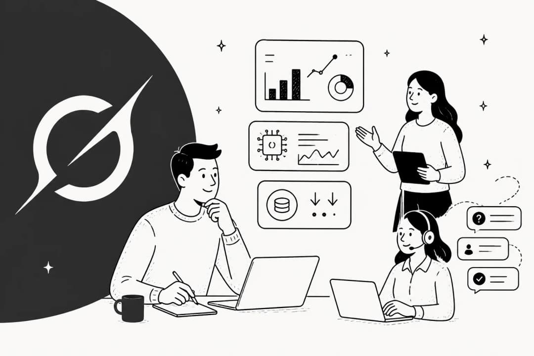 Hand-drawn illustration with the Grok logomark, benchmark and pricing panels, and a support agent handling chats