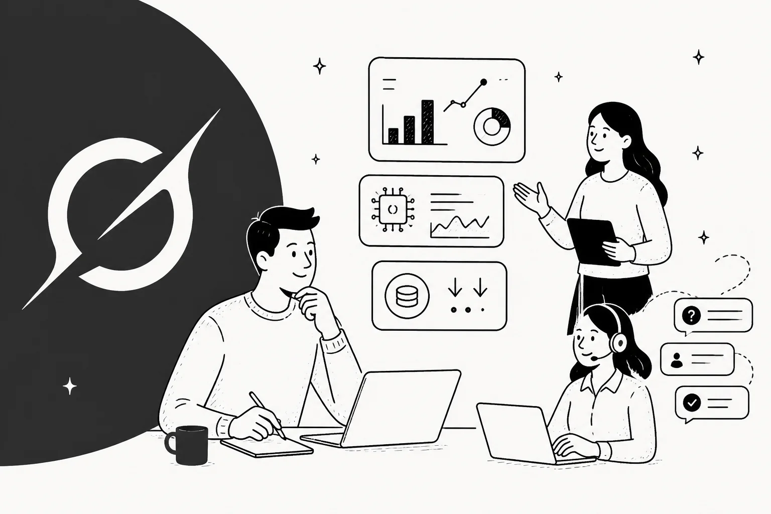 Hand-drawn illustration with the Grok logomark, benchmark and pricing panels, and a support agent handling chats