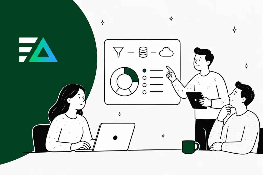 Illustration of a team reviewing an Edge Delta pricing and data pipeline dashboard